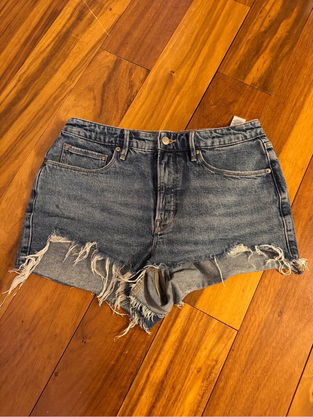 Good American Distressed Dark Blue High-Rise Jean Shorts
